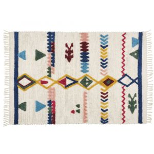 Tapis tufté style berbère en coton recyclé et laine écru motifs multicolores à franges 140x200