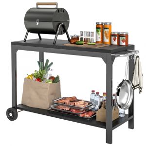 Desserte de jardin &agrave; roulettes acier noir