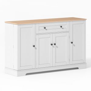 Console blanche &eacute;l&eacute;gante avec plateau bois clair et rangements