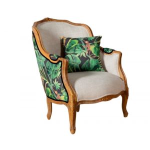 Fauteuil bergère en bois et lin imprimé à motifs