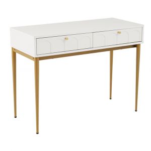 Table d&rsquo;appoint blanche &agrave; pieds dor&eacute;s avec tiroirs en relief arc