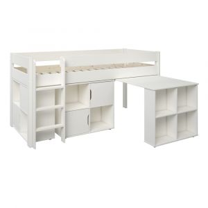Lit mi-hauteur avec bureau et rangements en pin blanc 90x200