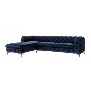 Canap&eacute; d&rsquo;angle Chesterfield en velours, pieds en m&eacute;tal argent&eacute;, bleu