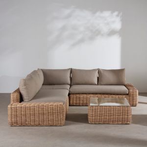 Salon de jardin 5 places en r&eacute;sine tress&eacute;e recycl&eacute;e imitation rotin et coussins en polyester recycl&eacute; taupe