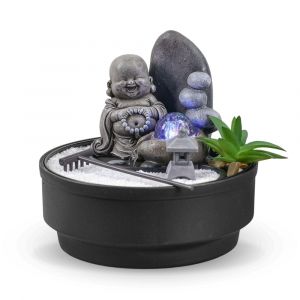 Fontaine d'int&eacute;rieur jardin zen r&eacute;sine grise avec boule verre - H21cm