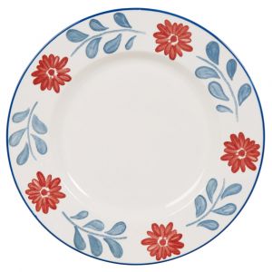 Assiette plate en céramique blanche motif floral bleu et rouge