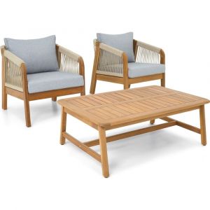 Salon de jardin 2 places en bois FSC - 2 fauteuils, table basse - gris