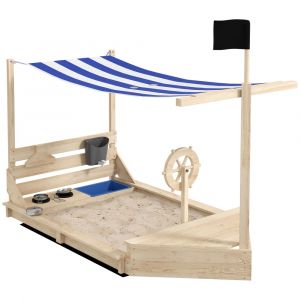 Bac &agrave; sable bateau de pirate en bois avec jeu de cuisine 6 accessoires
