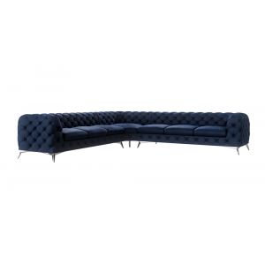 Canap&eacute; d&rsquo;angle Chesterfield en velours, pieds en m&eacute;tal argent&eacute;, bleu