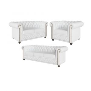 Ensemble de canap&eacute;s Chesterfield 3+2+1 fonction lit, cuir v&eacute;gan blanc