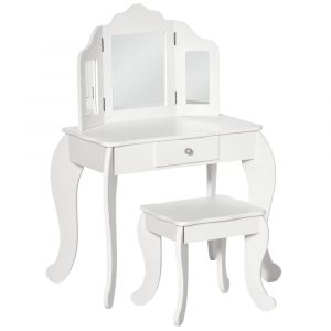 Coiffeuse enfant tabouret miroir triptyque et tiroir coulissant blanc