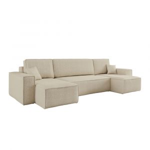 Canap&eacute; d'angle panoramique convertible 6 places tissu bouclette beige