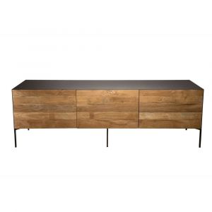 Meuble TV portes tiroir en teck recycl&eacute; pieds m&eacute;tal gris anthracite