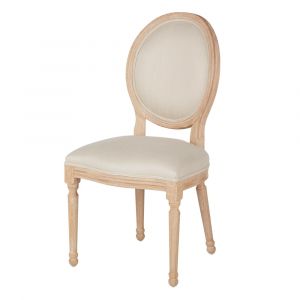 Chaise médaillon en lin beige et bois de frêne gravé