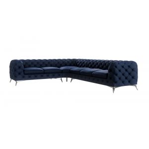 Canap&eacute; d&rsquo;angle Chesterfield en velours, pieds en m&eacute;tal argent&eacute;, bleu