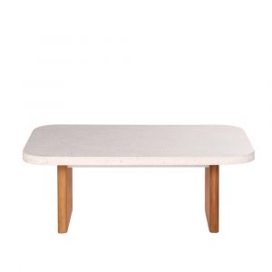 Table basse de jardin en pierre et composite effet terrazzo écru et bois de teck L110
