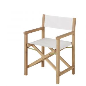 Fauteuil &agrave; d&icirc;ner de jardin pliant en toile plastifi&eacute;e &eacute;crue et bois d'acacia massif