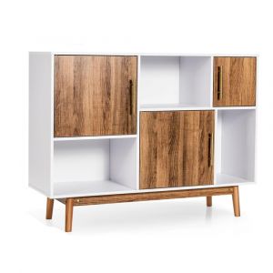 Meuble tv avec 3 cases et 3 &eacute;tag&egrave;res pieds en bois massif 95x31x76cm