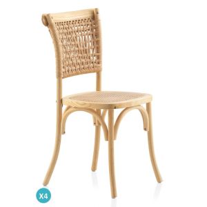 Lot de 4 chaises en orme avec assise et dossier tress&eacute;s
