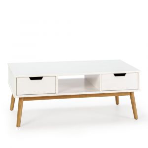 Table basse blanc, fabriqu&eacute; en bois de pin massif, 2 tiroirs, 110 cm