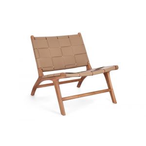 Fauteuil lounge en bois teck et cuir pleine fleur marron clair