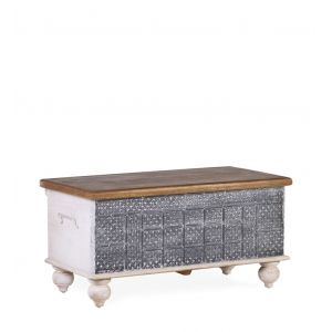 Coffre en bois de manguier blanc et bleu L 88 cm