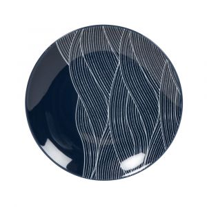 Assiette &agrave; dessert en porcelaine bleue motif vagues blanches