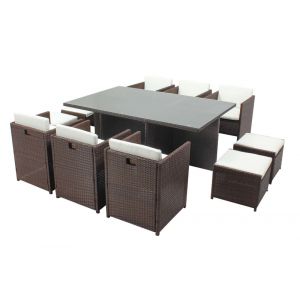 Table et chaises 10 places encastrables résine marron/blanc