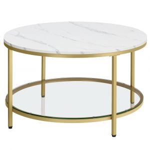Table basse blanc effet bois verre acier marbr&eacute; et dor&eacute; m&eacute;tallique