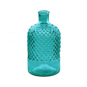 Vase bouteille en verre recycl&eacute;  bleu turquoise 22 cm