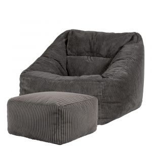 Pouf fauteuil avec repose-pied carr&eacute; velours c&ocirc;tel&eacute; gris anthracite