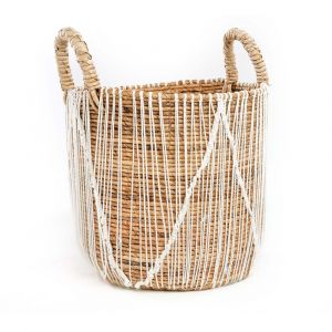 Panier en feuille de bananier et coton blanc naturel 40x40x48 cm