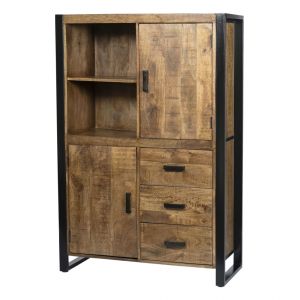 Buffet haut 2 portes 3 tiroirs, bois de Manguier massif et métal