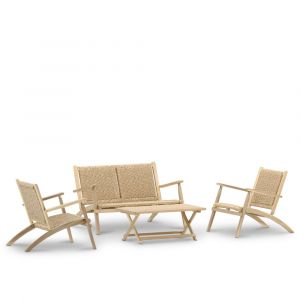 Salon de jardin pliant en bois et rotin synth&eacute;tique beige