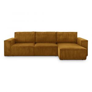 Canap&eacute; d'angle convertible 5 places en velours c&ocirc;tel&eacute; jaune moutarde