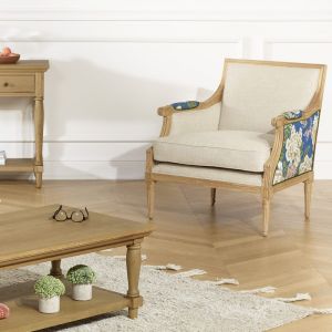 Fauteuil berg&egrave;re en bois massif et tissu lin fleuri bleu