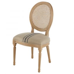 Chaise m&eacute;daillon en bois de fr&ecirc;ne, cannage en rotin et lin beige et bleu-gris