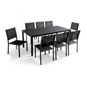 Ensemble table de jardin et 8 chaises avec plateau verre noir