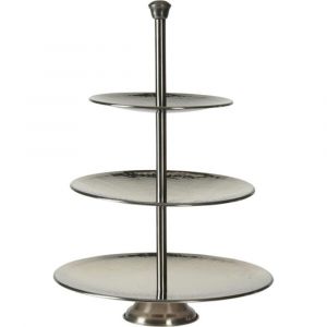 Plat de pr&eacute;sentation 3 &eacute;tages en inox martel&eacute; 25x25x36.5cm
