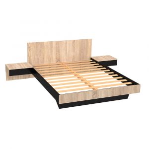 Lit sommier chevets inclus stratifiés naturel et noir 140x190 cm