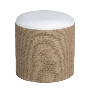 Pouf rond en jute tress&eacute; et lin blanc