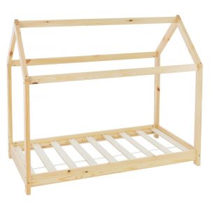 Lit cabane enfant 70x140 cm avec sommier &agrave; lattes bois de pin beige