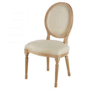 Chaise m&eacute;daillon brod&eacute; en lin beige et bois de fr&ecirc;ne massif