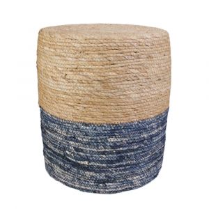 Pouf jonc de mer naturel et bleu