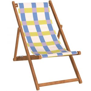 Chilienne pliante en hêtre lasuré et toile imprimé carreaux jaune
