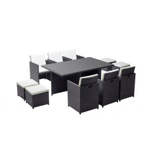 Table et chaises 10 places encastrables résine noir-blanc