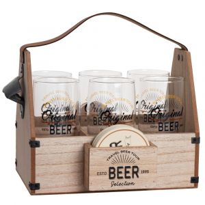 Composition verres à bière (x6), dessous de verres et support en bois d'eucalyptus