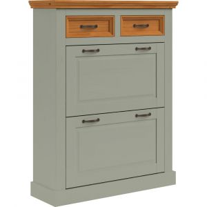 Coffre &agrave; chaussures avec 2 portes battantes 2 tiroirs en pin vert cir&eacute;