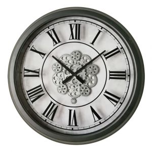 Horloge &agrave; m&eacute;canismes m&eacute;tal blanche et argent 70cm