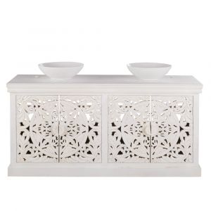 Meuble double vasque en manguier massif blanc effet vieilli